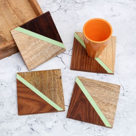 Handmade Brown and Green Wooden Coasters - Pack of 4